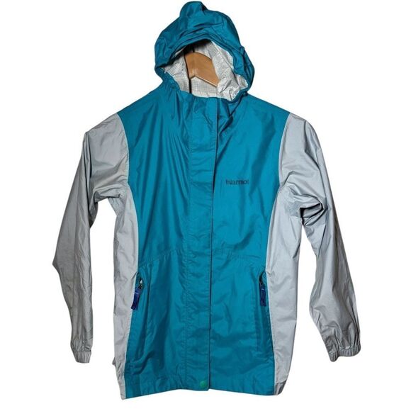 Marmot PreCip Eco Rain Jacket Waterproof Hooded Full Zip Blue Girls Medium - Picture 1 of 6